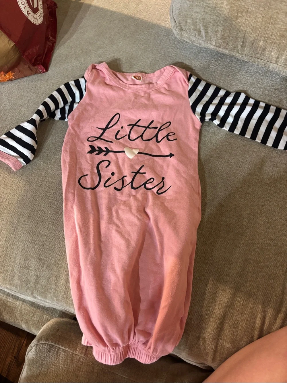 Baby Girl Pink “Little Sister” Gown Size 70 6-9M Black White Striped Sleeves